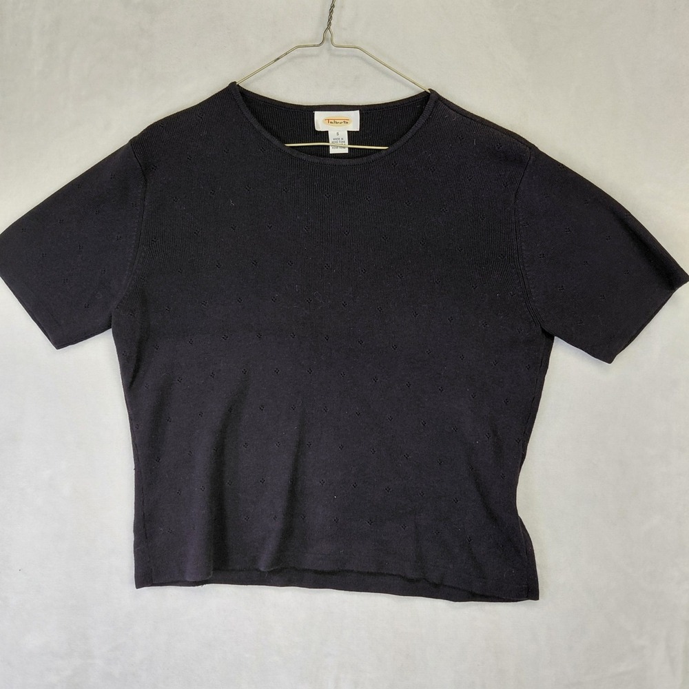 Talbots Vintage Black Pointelle Short Sleeve Knit Sweater Top Size S